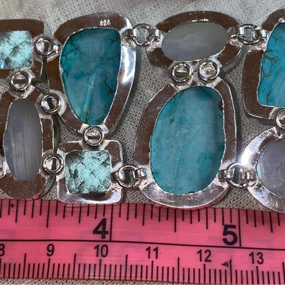 Gorgeous Tibetan Turquoise + Moonstone + Blue Topaz statement cuff bracelet - Picture 7 of 11